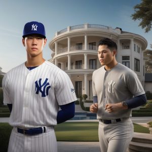 A captivating digital artwork featuring two renowned baseball players on a vibrant field during a dynamic game.