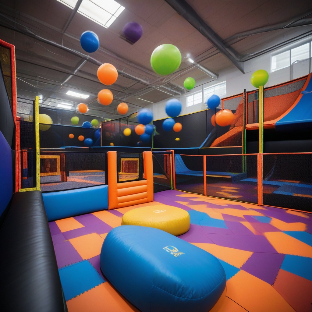 A vibrant image of an indoor trampoline park with colorful trampolines and people jumping high in the air, showcasing fun and energetic recreational activities.