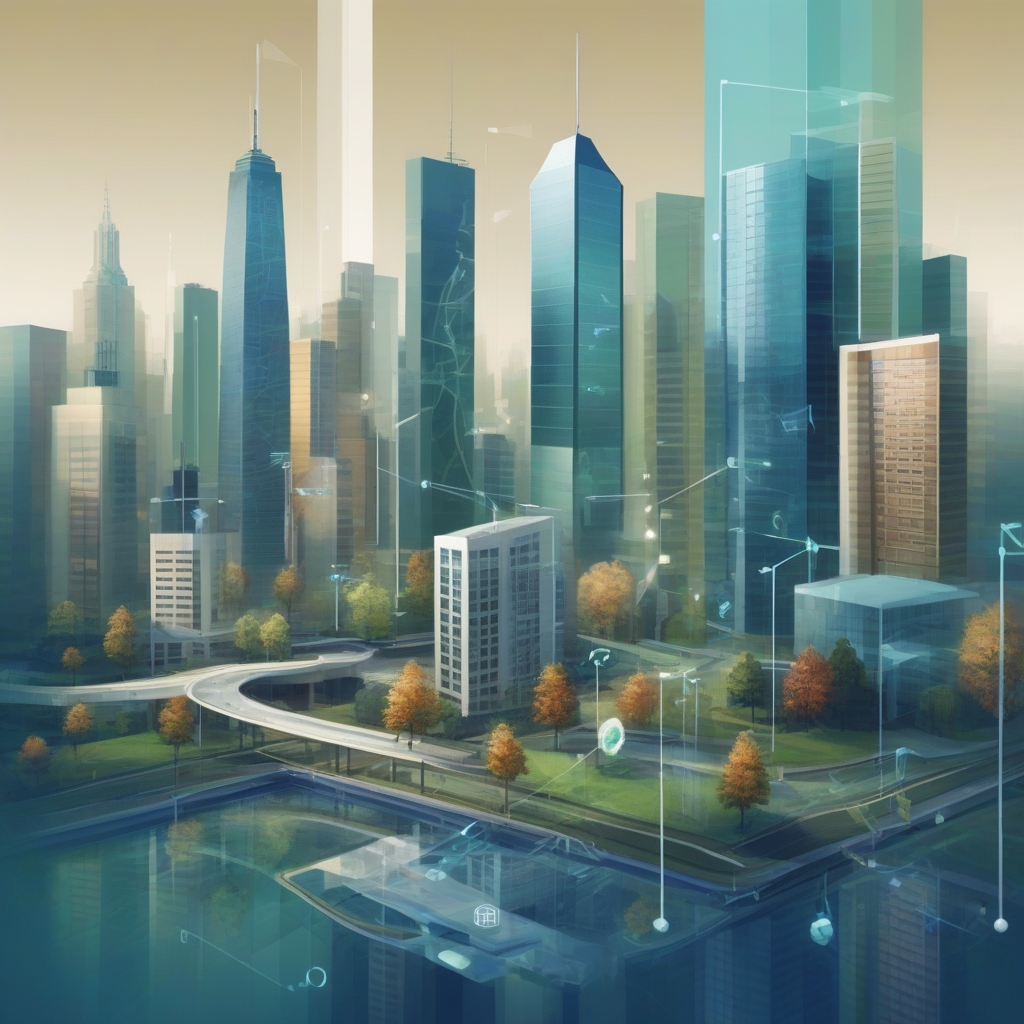 "Futuristic skyline showcasing the convergence of technology and nature with intricate architectural designs, shining skyscrapers, and lush greenery under a vibrant sunset"