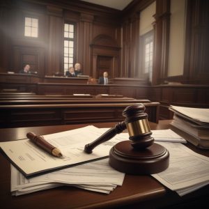 A detailed illustration of a modern courtroom with a focused judge sitting behind a dark wood bench, a jury in the background, and lawyers presenting their cases.