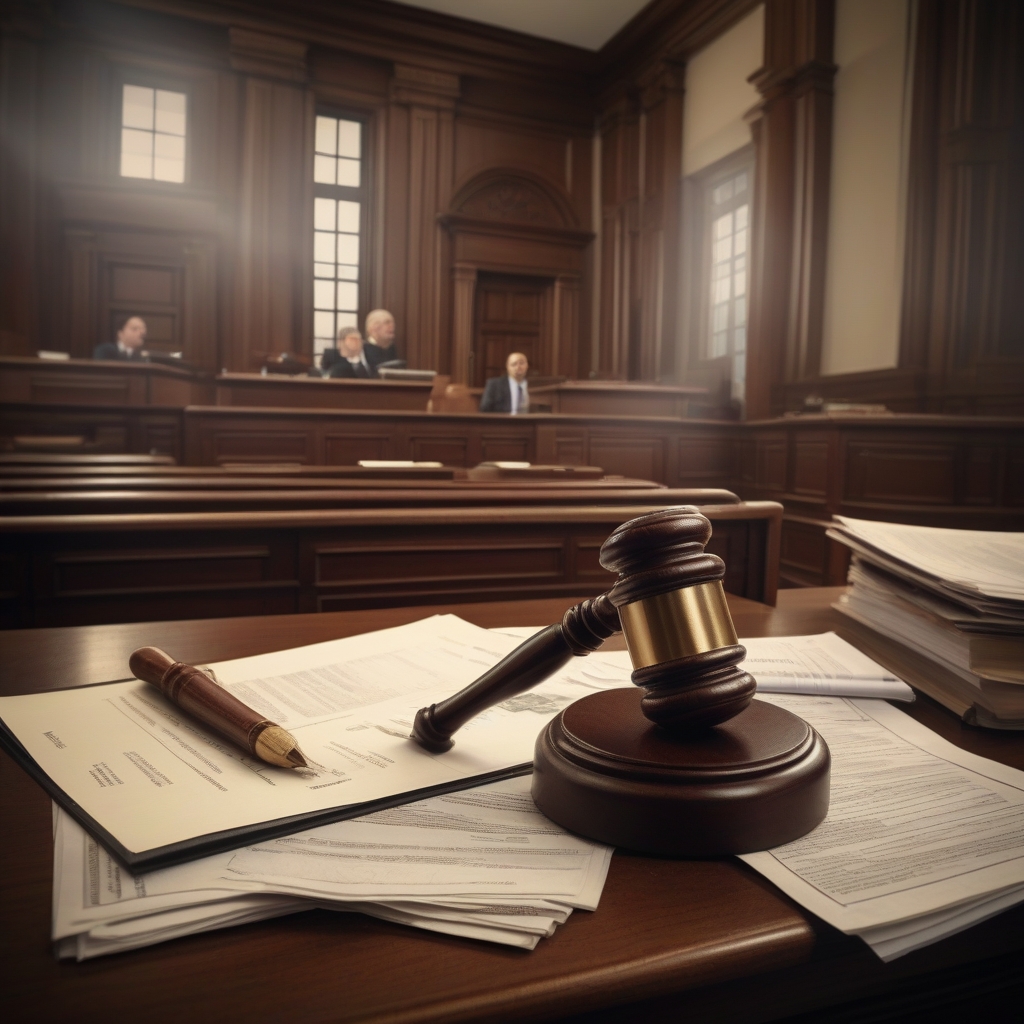 A detailed illustration of a modern courtroom with a focused judge sitting behind a dark wood bench, a jury in the background, and lawyers presenting their cases.