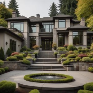 Luxurious Portland neighborhood street lined with modern architecture homes, lush greenery, and clear blue skies.