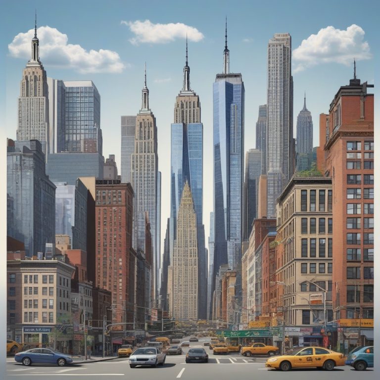 "New York City street scene with modern skyscrapers, yellow cabs, and pedestrians bustling in a vibrant urban atmosphere"