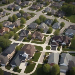 A detailed image of a charming suburban neighborhood featuring tree-lined streets, cozy houses, and a clear blue sky.