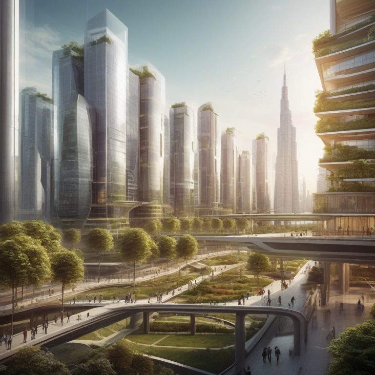 Futuristic cityscape with advanced technology, augmented reality elements, and high-tech transportation system in a vibrant urban environment.