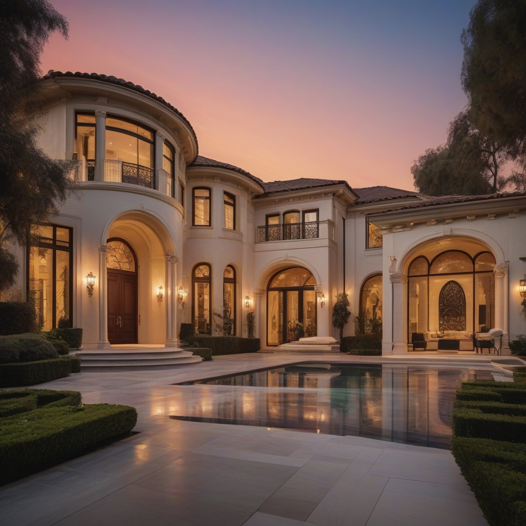 Luxurious modern house on the Westside of Los Angeles with sleek design and elegant landscaping at sunset.