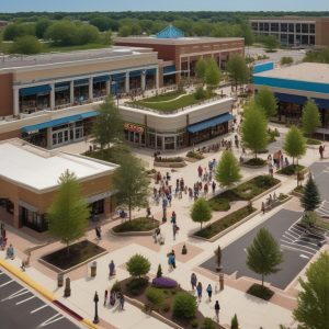 Bustling suburban shop with diverse customers shopping and chatting around outdoor displays and storefronts.