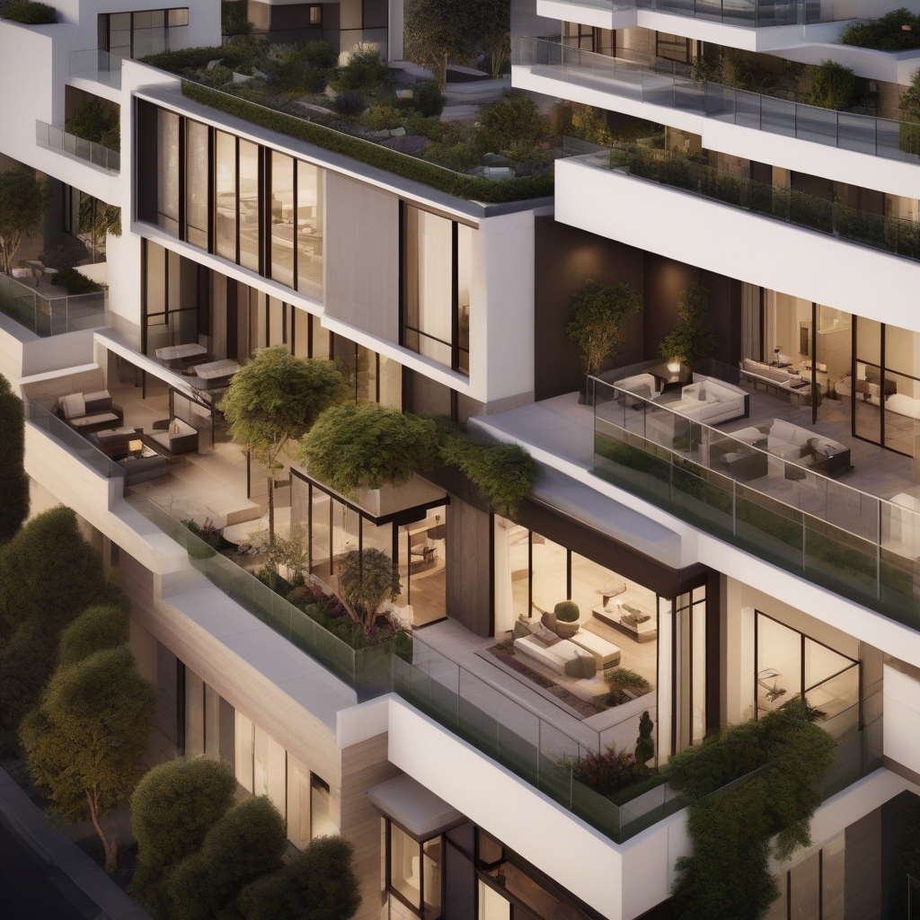 "Modern luxury multifamily urban apartment complex with contemporary architecture and green landscaping."