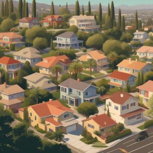 A serene Californian neighborhood street lined with charming houses and lush greenery under a clear blue sky.