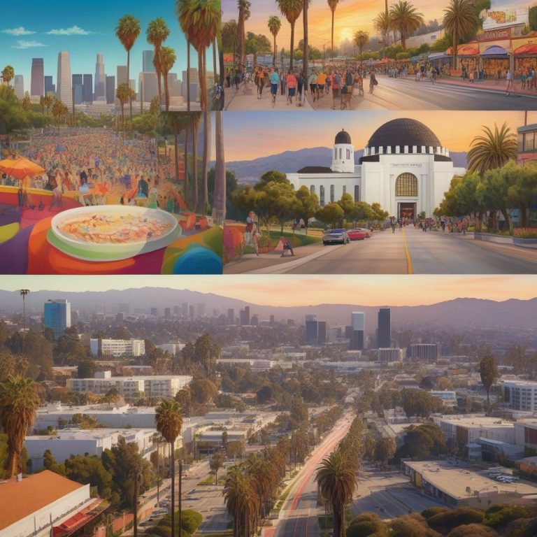 A vibrant and inviting portrayal of a lively urban scene in Los Angeles, featuring bustling city streets, iconic landmarks, and a colorful sunset sky.