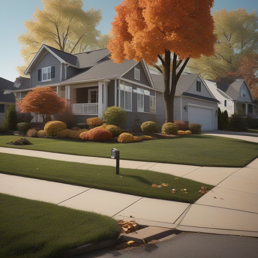 Suburban neighborhood street with houses, lush green lawns, and blue sky.