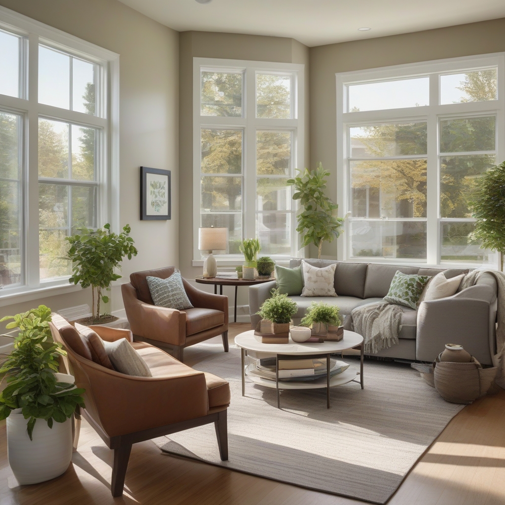 A serene modern living room interior with minimalistic decor, featuring a cozy sofa, stylish coffee table, and large windows allowing natural light.