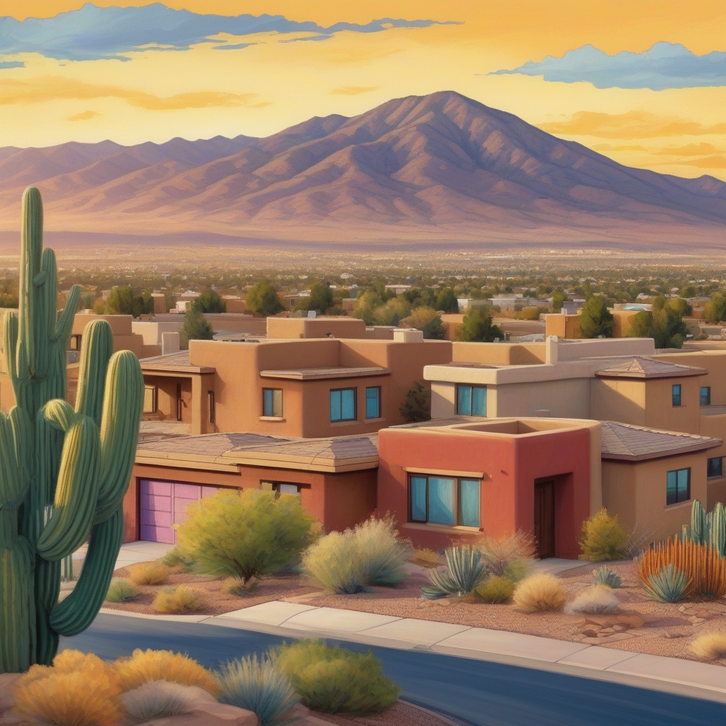 Scenic illustration of Albuquerque skyline at sunset with vibrant colors and desert landscape.