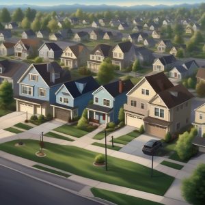 Cozy suburban neighborhood with well-maintained lawns and charming houses under clear blue skies