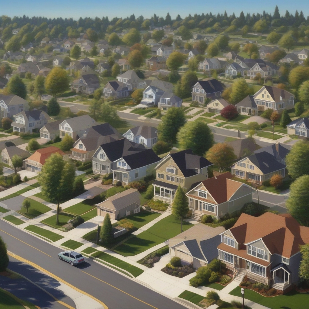 Modern suburban neighborhood with neatly arranged houses, manicured lawns, and tree-lined streets under a clear blue sky.