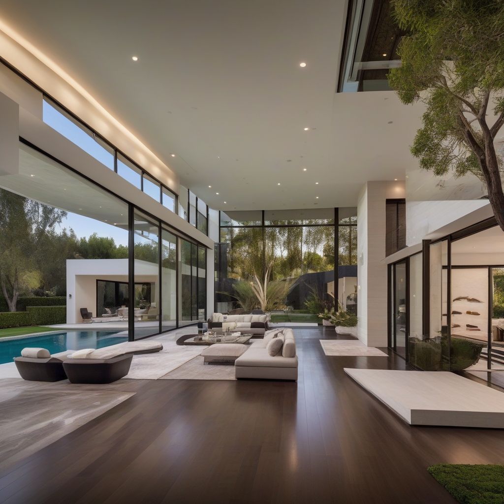 Elegant and inviting living room with modern minimalist design featuring a large window, comfortable seating, and tasteful decor accents.