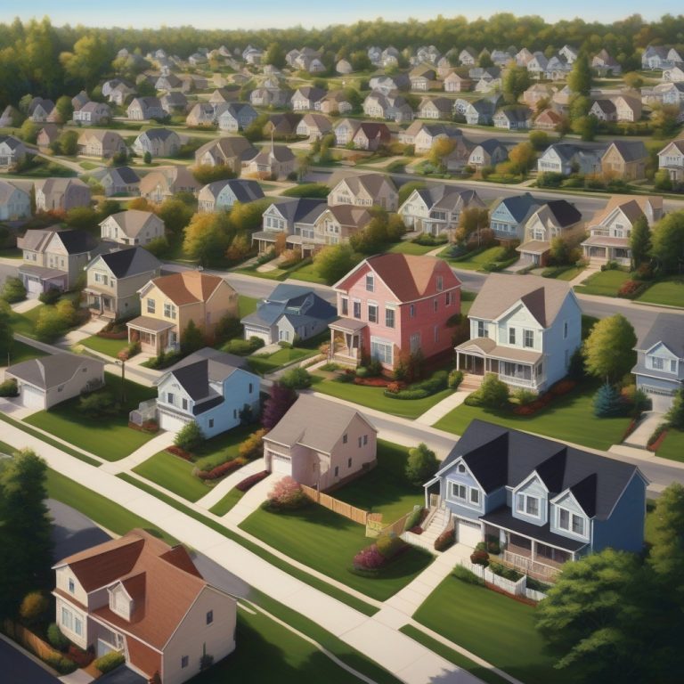 Vibrant suburban neighborhood with colorful houses, lush greenery, and clear blue sky.