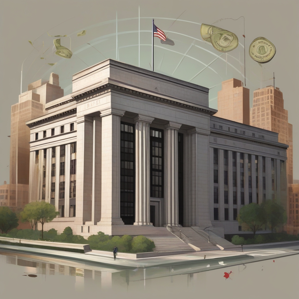 "Illustration of the Federal Reserve building with futuristic elements and digital artistry"