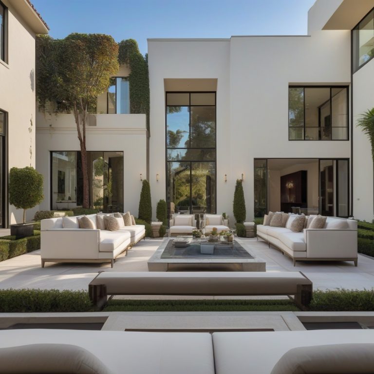 "Luxurious Beverly Hills mansion with sunset sky backdrop"