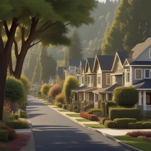 Charming residential neighborhood with modern homes, manicured lawns, and tree-lined streets on a sunny day.