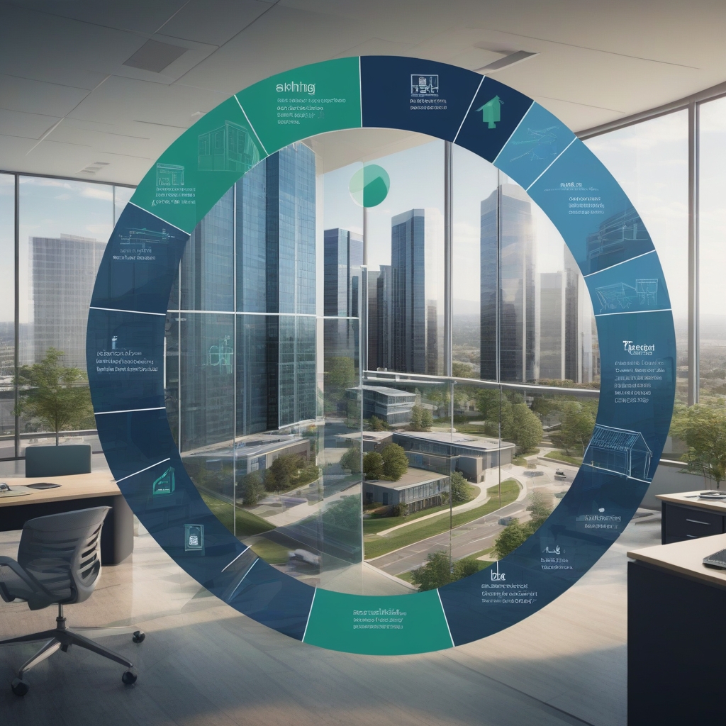 "Analytical businessman reviewing charts and data on a digital interface in a modern office setting"