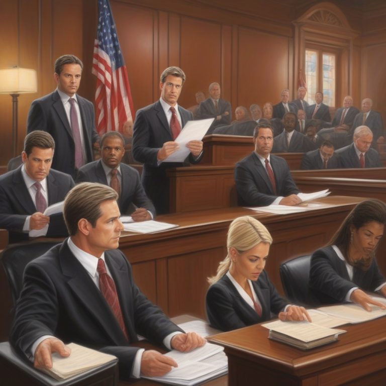 "Illustration of a modern courtroom scene with a judge, lawyers, and jury, emphasizing justice and law within a legal setting"