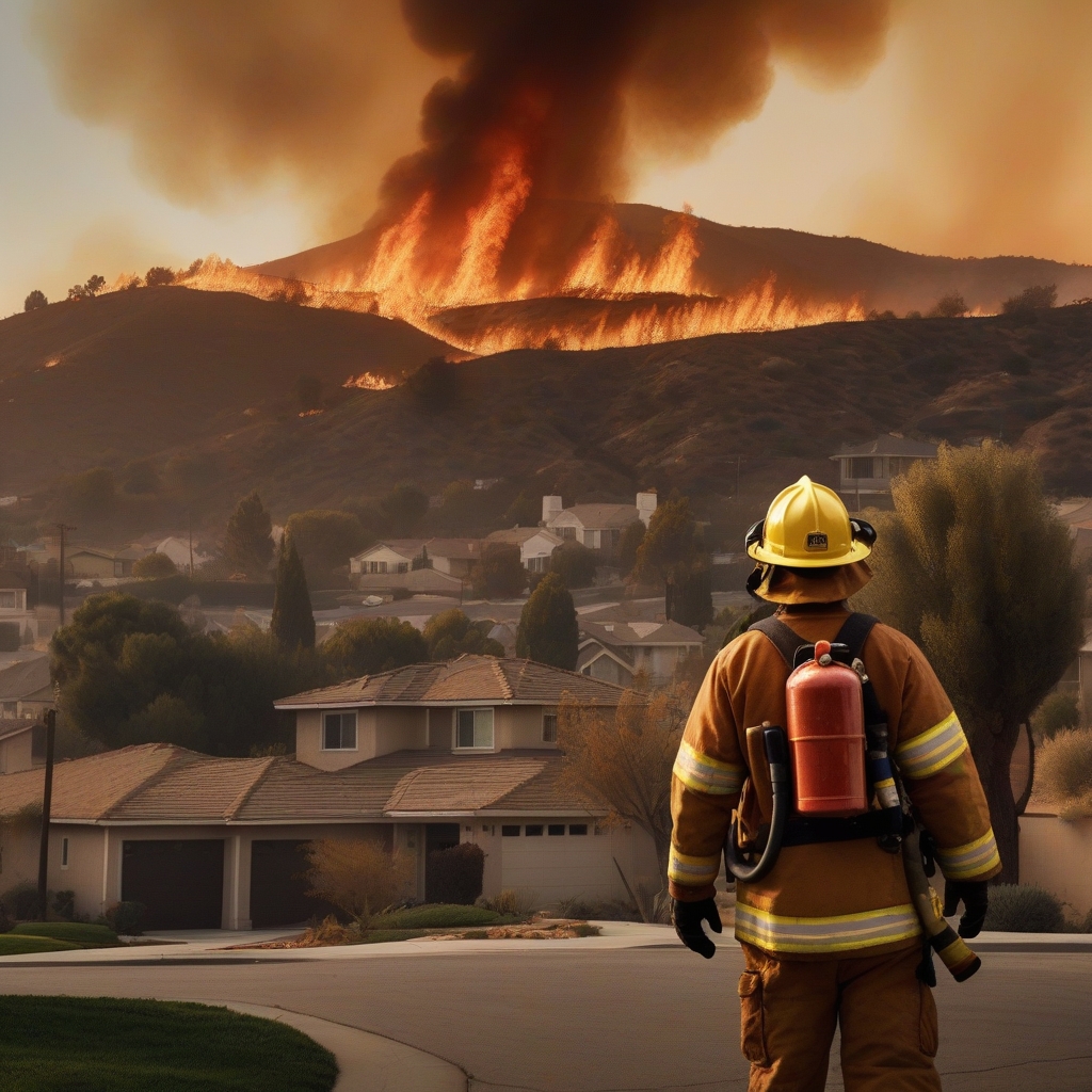 Realistic image of a wildfire in a lush green forest with intense flames and billowing smoke plumes.