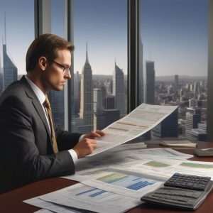 Professional image of a serious financial advisor in a modern office setting, demonstrating expertise and trustworthiness in financial services.