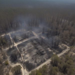 Aerial view of fire damage affecting lush forest landscape with visible smoke and scorched trees.