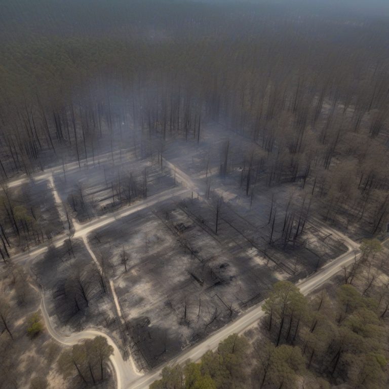 Aerial view of fire damage affecting lush forest landscape with visible smoke and scorched trees.