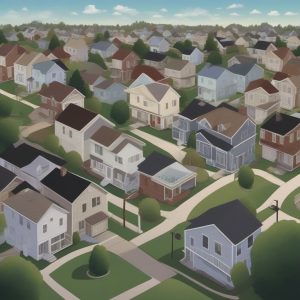 Illustration of a peaceful suburban neighborhood with green lawns and cozy homes in the evening.