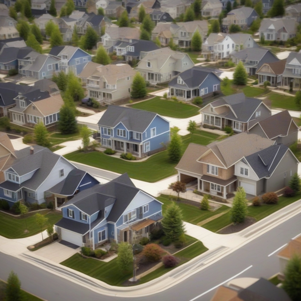 Aerial view of a modern suburban neighborhood with tree-lined streets and contemporary homes.