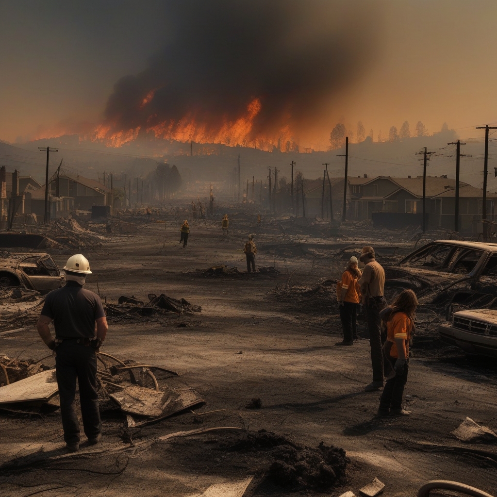 A dramatic scene depicting the aftermath of an explosion in a cityscape with smoke and debris.