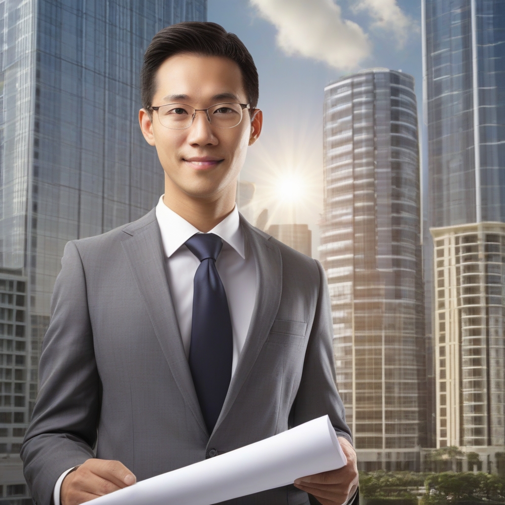 Confident real estate agent standing in front of a modern building with a bright, welcoming smile.