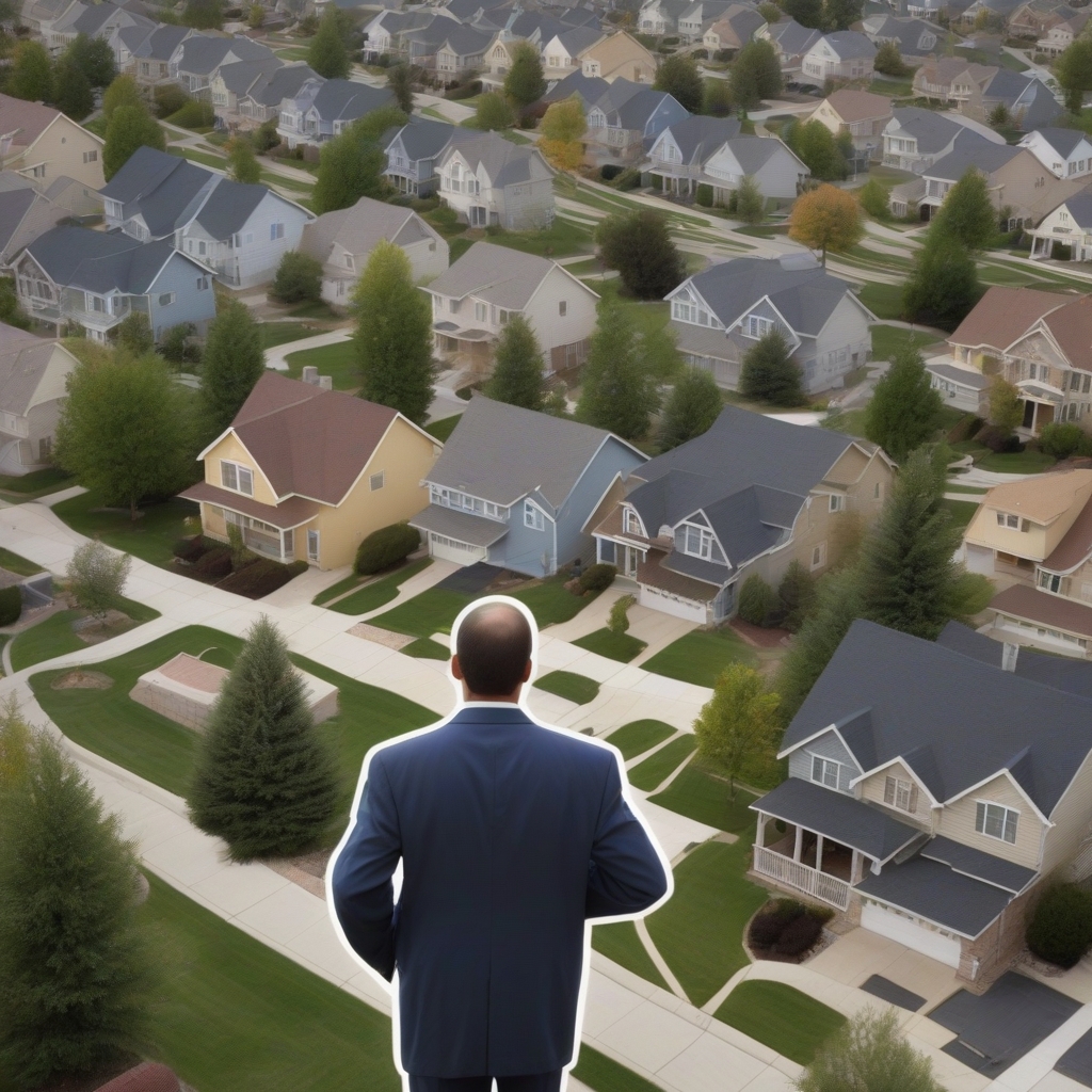 Modern suburban neighborhood street view with contemporary homes, manicured lawns, and parked cars on a sunny day.