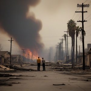 Aftermath of a natural disaster with scattered debris and an overcast sky.