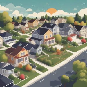 Illustration of a modern suburban neighborhood with contemporary architecture, lush greenery, and clear blue skies.