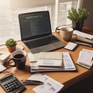 Professional, modern office desk with laptop, coffee, and stationery, creating an organized and productive workspace atmosphere.