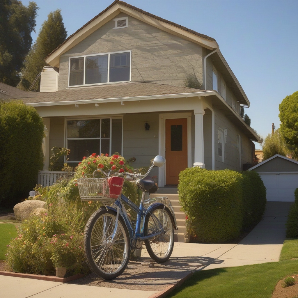 "Cozy family home in a serene landscape, surrounded by lush greenery and blue sky"